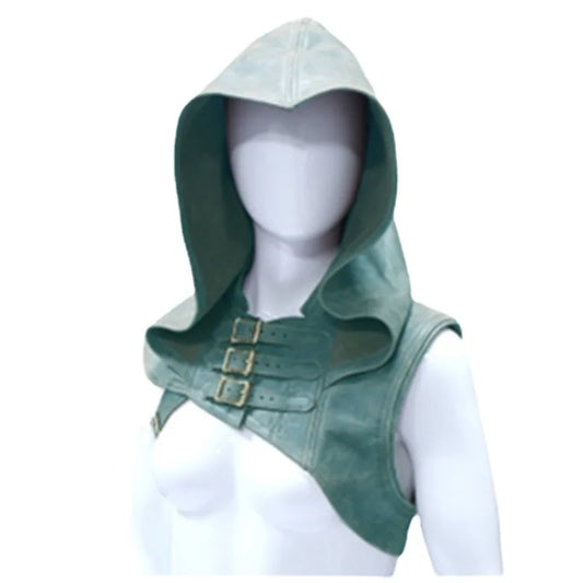 Adjustable Medieval Gothic Cowl Hat Faux Leather Steampunk Hooded Cloak Cape for Men and Women Cosplay Costume Accessory