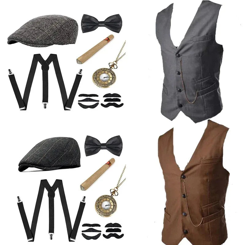 Gangster Costume And Accessories Set Steampunk WaistCoat Peaky Blinders Vest Pocket Watch 1920s Men Gatsby ☆★ww