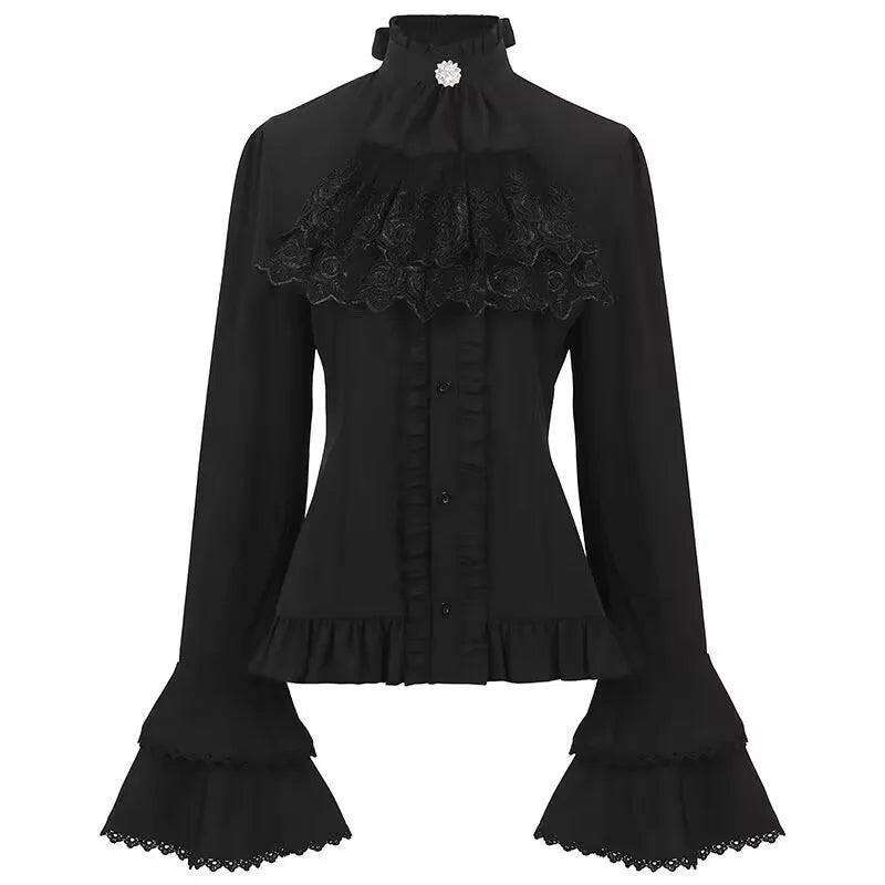 Japanese Elegant Vintage Shirt Long Sleeve Women Steampunk Victorian Blouse Ruffle Lace Stand-Up Y2k Tops Gothic Pirate Shirt