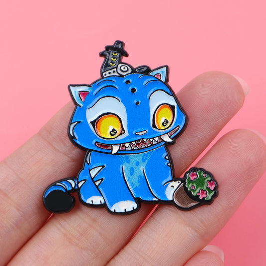 Happy Blue Cat Enamel Pin Fantasy Hunter Team Brooches Woman Men Backpack Accessories Bags Badge Lapel Jewelry Gift for Kids