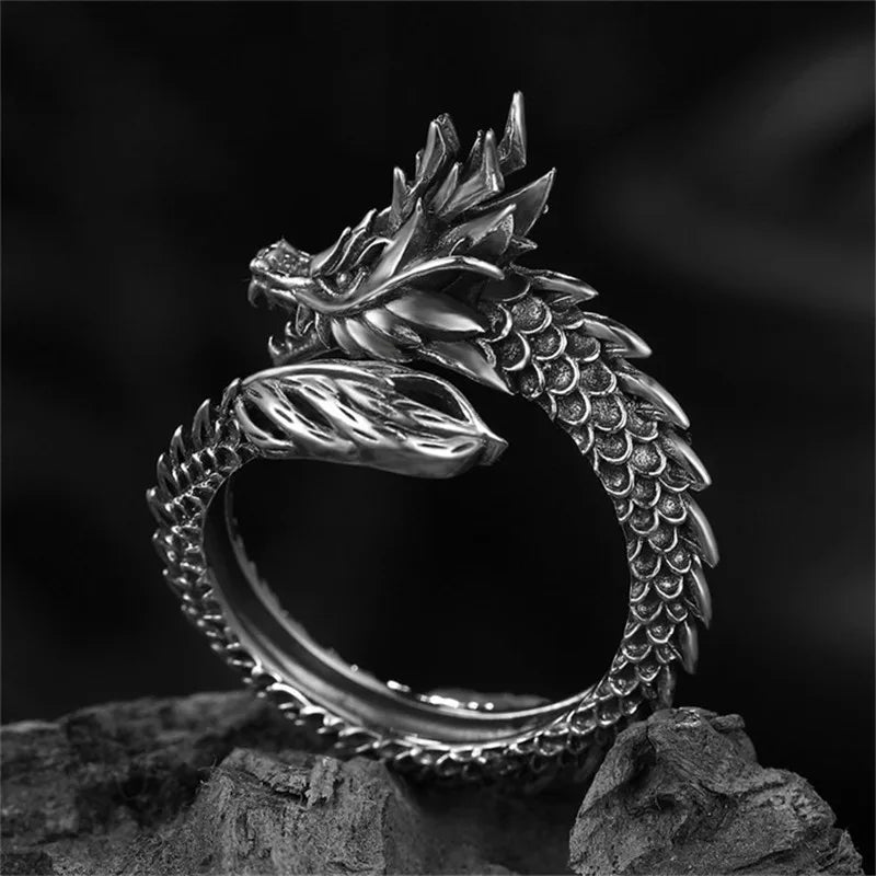 Jisensp Gothic Punk Dragon Ring Men Retro Viking Animal Adjustable Finger Rings for Women Personality Magical Cool Jewelry Gift