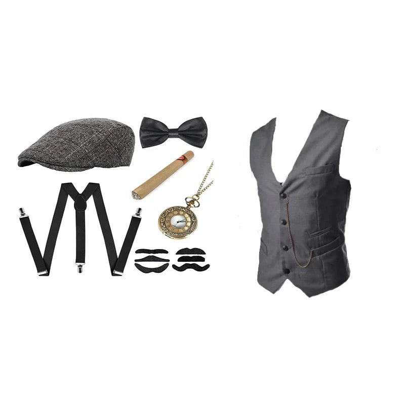 Gangster Costume And Accessories Set Steampunk WaistCoat Peaky Blinders Vest Pocket Watch 1920s Men Gatsby ☆★ww