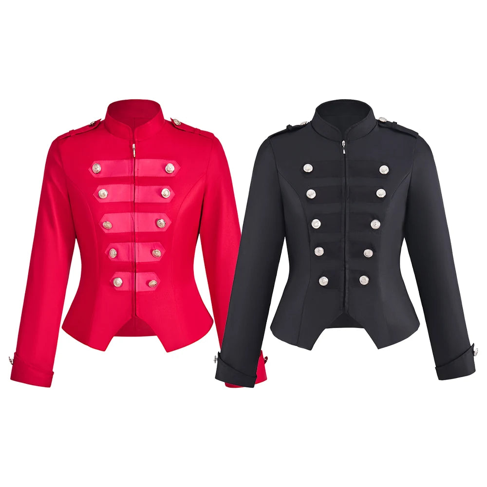 Victorian Gothic Steampunk Red Black Military Jacket Women's Stand Collar Rock Frock Coat Ringmaster Jacket Halloween Costumes