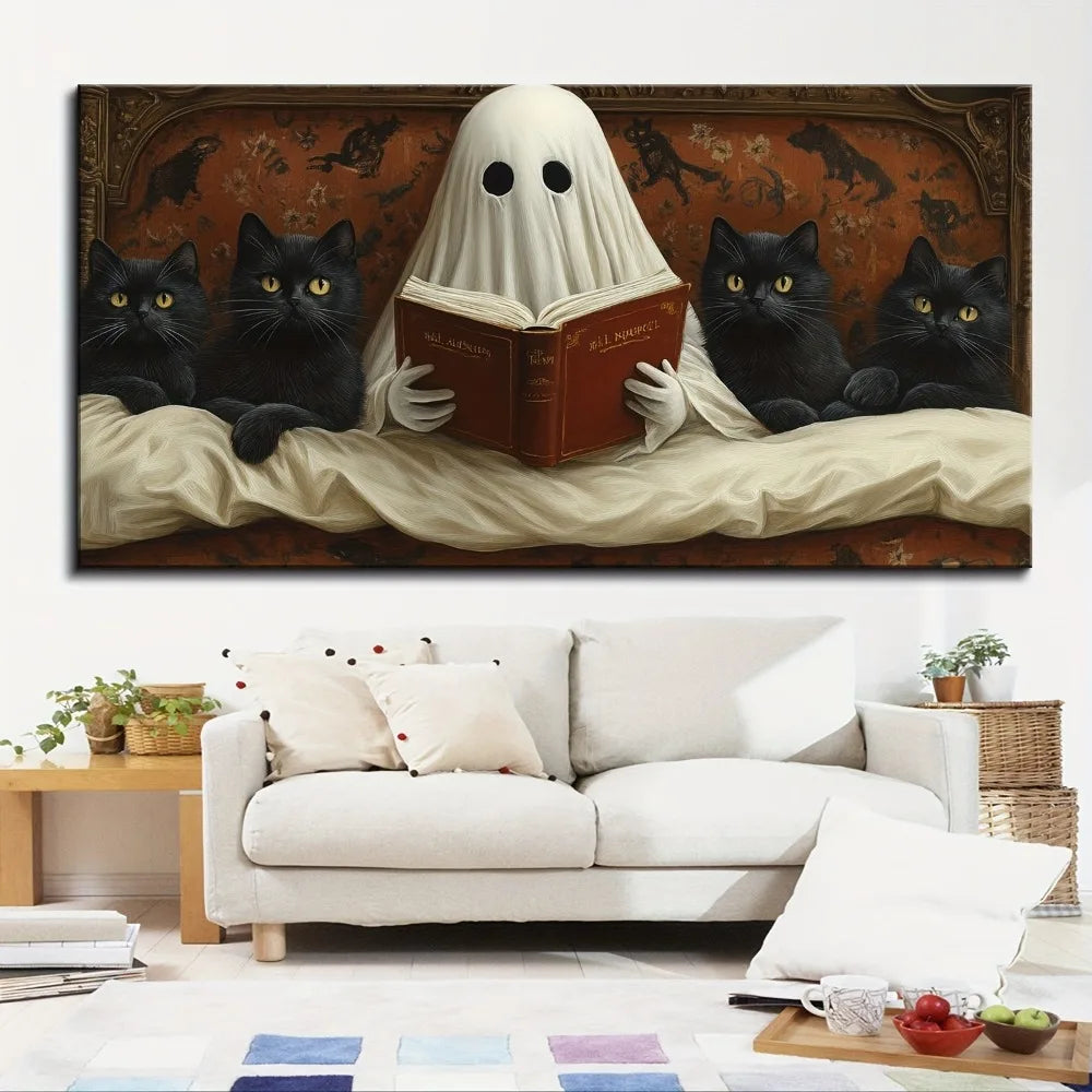 Ghost 1.5 inch thick pine solid wood frame, canvas painting, ghost reading in bed,wall decoration