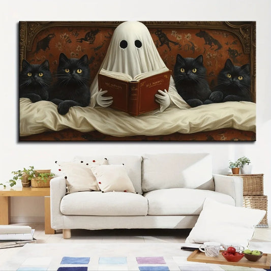 Ghost 1.5 inch thick pine solid wood frame, canvas painting, ghost reading in bed,wall decoration