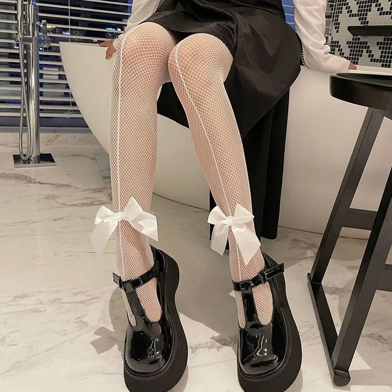 Kawaii Gothic Hollow Out  Lolita Bow Knot Fishnet Stockings Women Spicy Girl Black White Thin Ins Tide Lace Tights