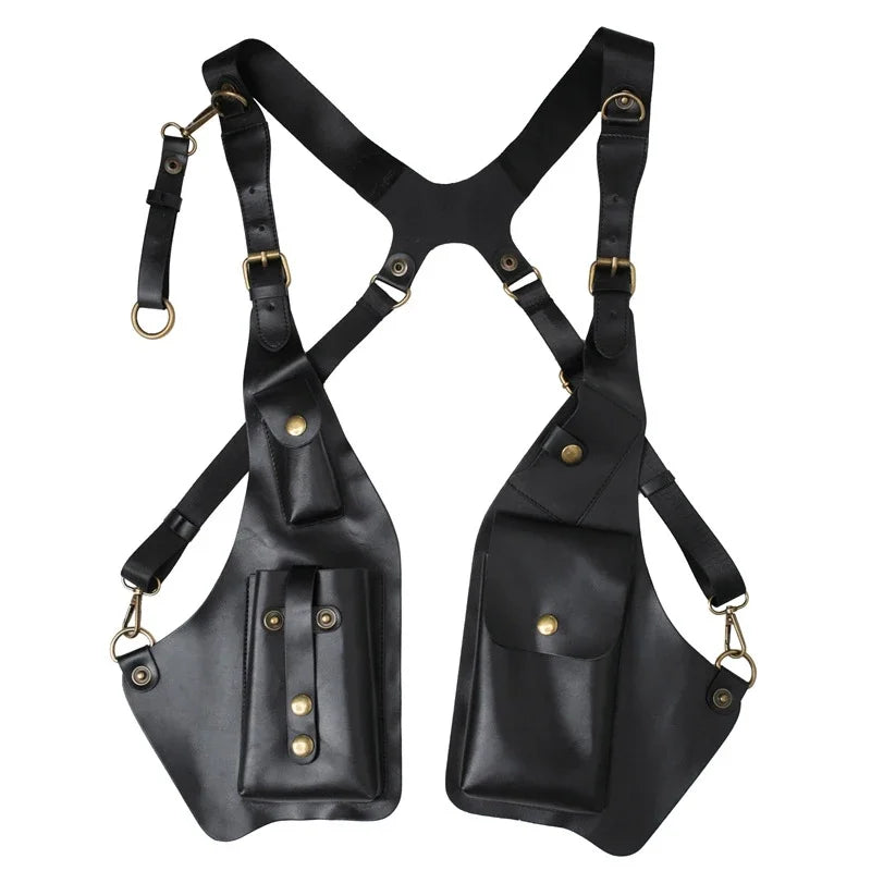 Steampunk Vintage PU Leather Shoulder Harness Bag Double Phone Wallet Case Holster Viking Underarm Purse Bag Costume