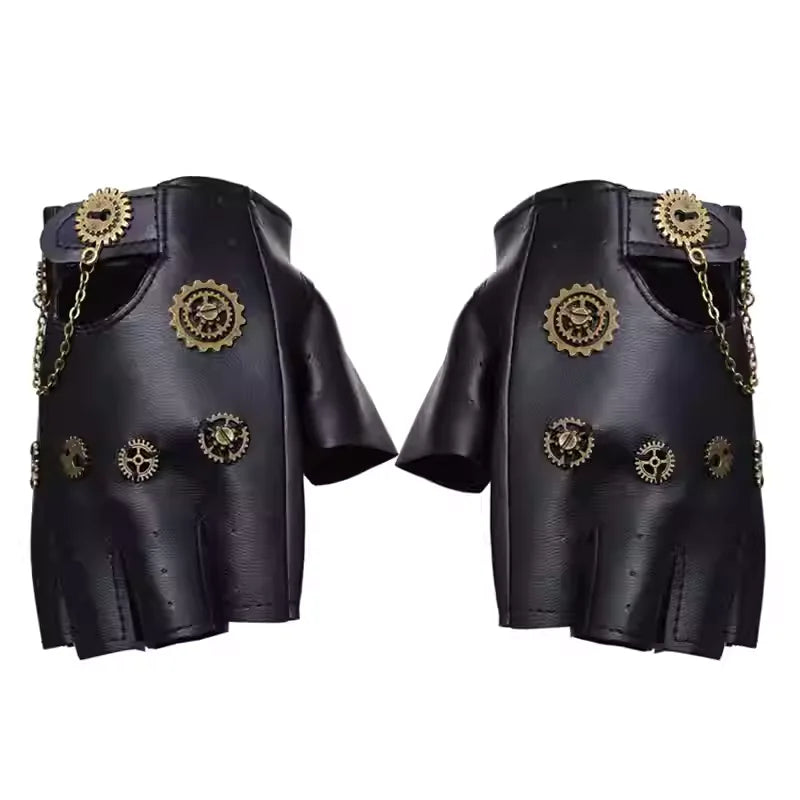 Steampunk PU Leather Fingerless Compass Gloves Men Women Fashion Gloves Half Finger Gloves