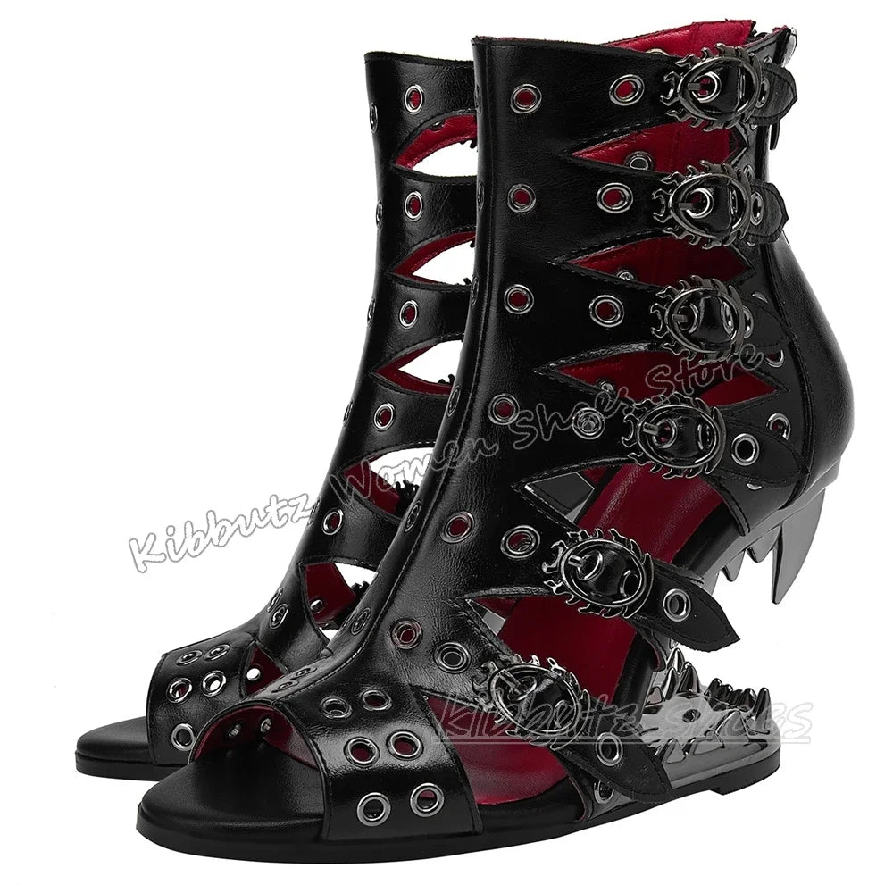 Teeth Strange Heel Gothic Sandals Hollow Dark Style Punk Rock Fashion Sexy Novelty Zippers Women Shoes Round Toe Summer Newest