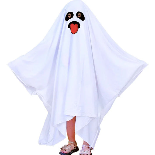 Ghost Costumes White Long Cape Horror Outfits Cloak with Ghost Face Children Adult Fancy Robe Halloween