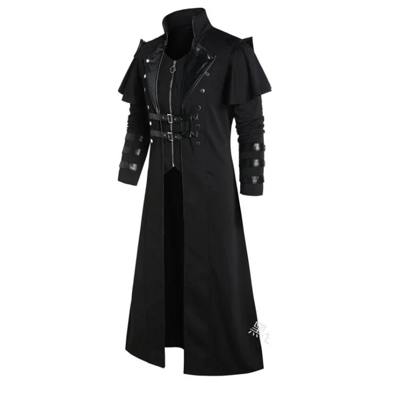 Vintage Medieval Steampunk Assassin Elves Pirate Costume Adult Men Black Long Split Jacket Gothic Armor Leather Coats Halloween