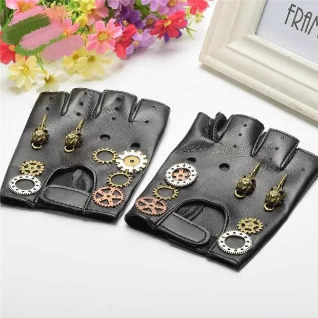 Steampunk PU Leather Fingerless Compass Gloves Men Women Fashion Hip Hop Punk Gloves Half Finger Gloves