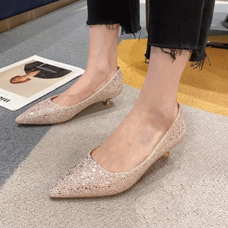 Gold High Heels Women Fashion Design Temperament Pointed Single Shoes Women's New Elegant Mid Heel Shoes Shiny Women's Shoes