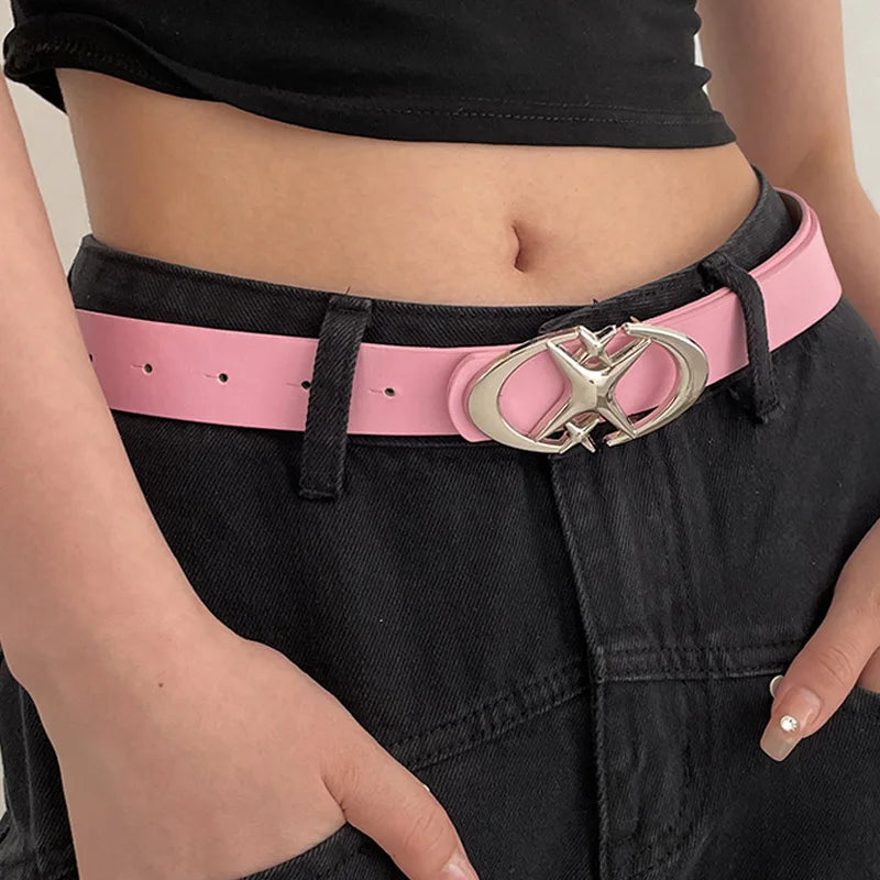 Women Belt Punk Star Buckle Belt Design Cross Metal Vintage Gothic Men Women Y2K Belt Pu Leather Waistband Pants Jeans Lady Belt