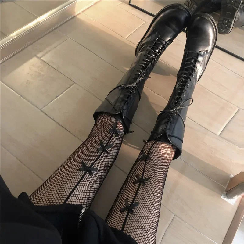 Kawaii Gothic Hollow Out  Lolita Bow Knot Fishnet Stockings Women Spicy Girl Black White Thin Ins Tide Lace Tights