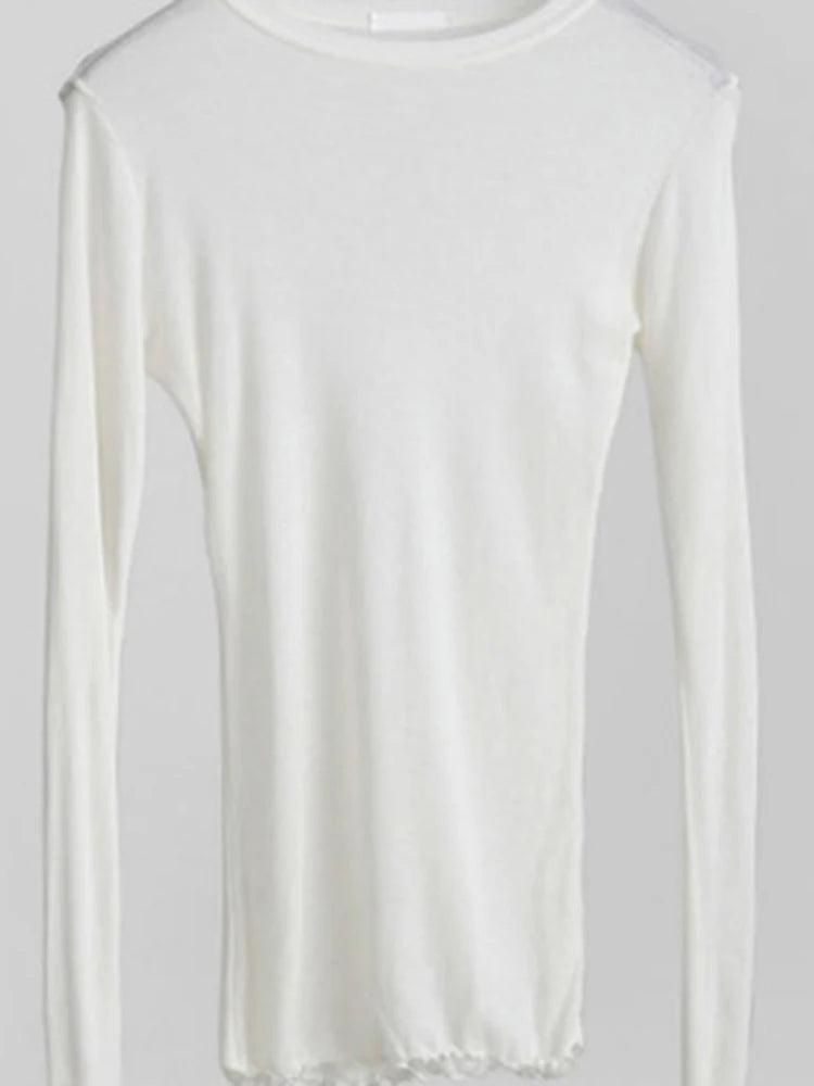 High Quality Plain T Shirt Women  Elastic Basic T-shirts Female Casual Tops Long Sleeve Thin T-shirt see through
