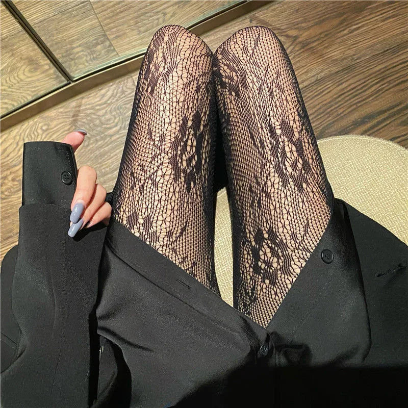 Kawaii Gothic Hollow Out  Lolita Bow Knot Fishnet Stockings Women Spicy Girl Black White Thin Ins Tide Lace Tights