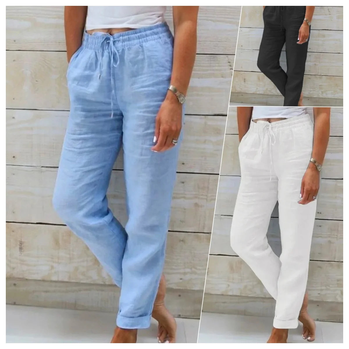 Cotton Linen Pants for Women High Waist Elastic Casual Trousers Streetwear Solid Female Clothes Loose Pencil Pants