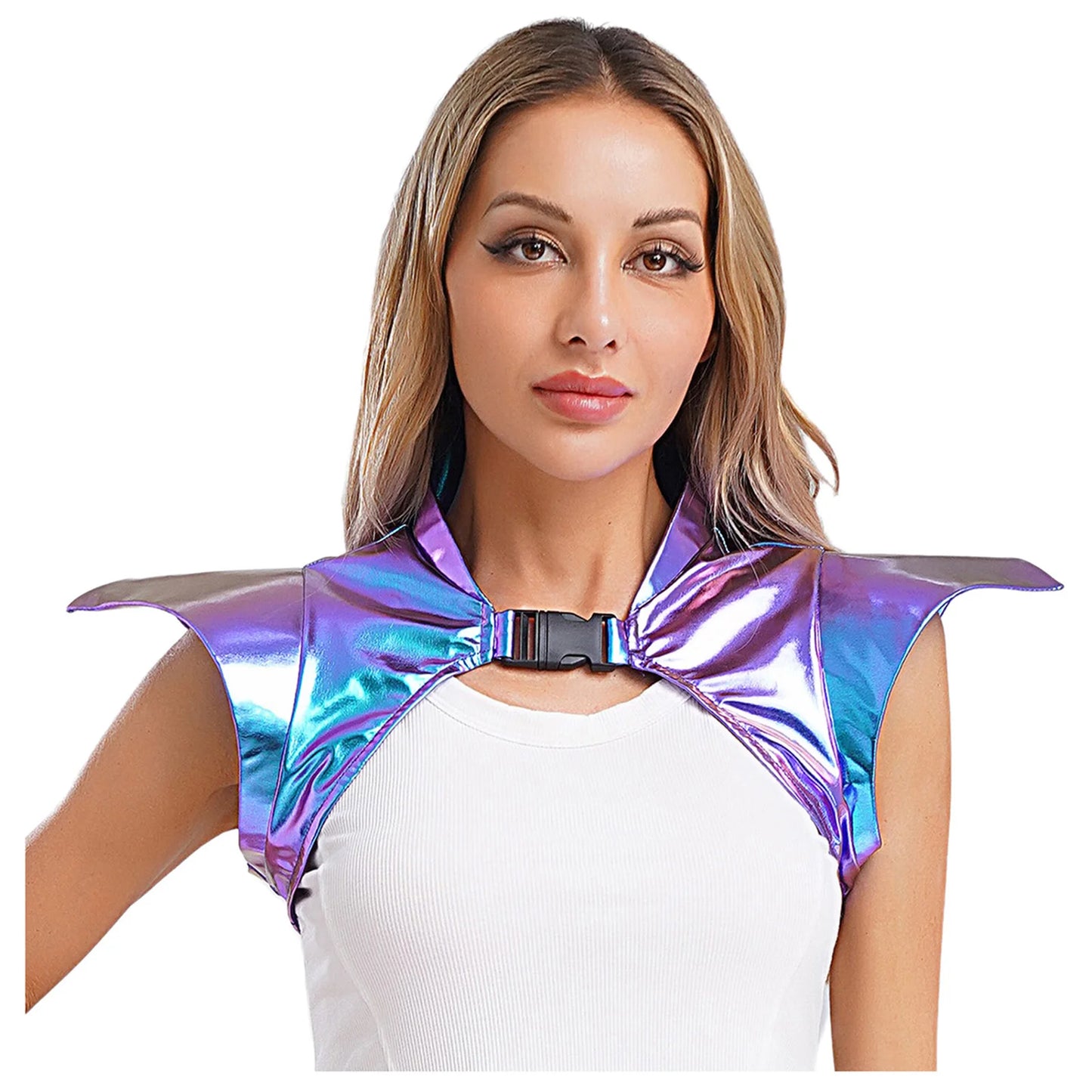 Women Shiny Metallic Gothic Armor Shrug Steampunk Gothic Shoulder Epaulet Alien Robot Astronaut Shrug Crop Top Halloween Costum