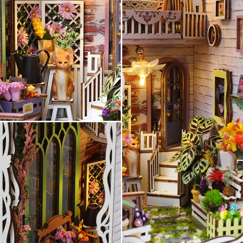 DIY Book Nook Wooden Miniature Model Kit Flower House Bookend Assembled 3D Puzzle Bookshelf Home Decor Friends Birthday Gifts