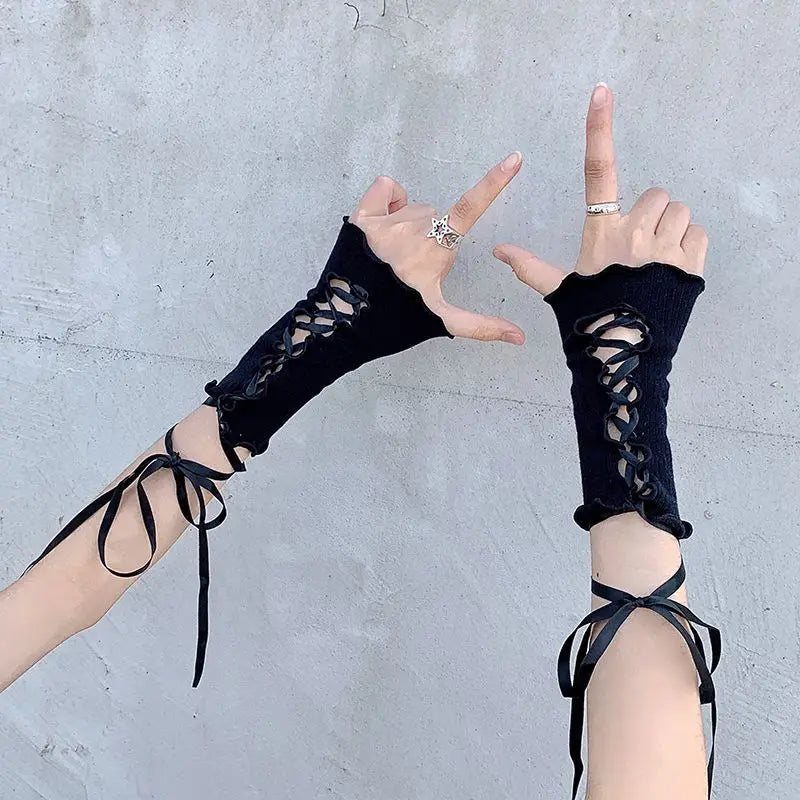 Women Lace Fingerless Gloves Black Gothic DIY Strapping Sunscreen Sleeve Clothing Accessories Elastic Mesh Punk Gloves