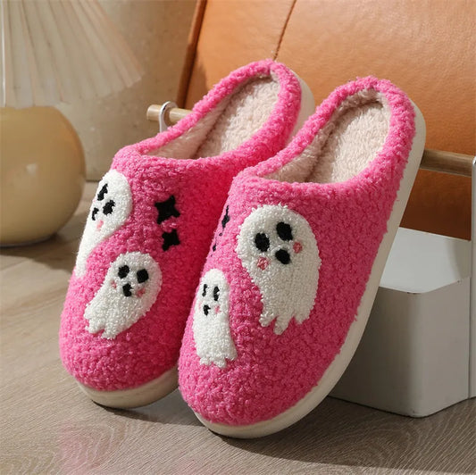 Ghost Pattern Couple Cotton Slippers Round Toe Flat Heel Bedroom Slides Short Plush Soft Non Slip Slippers