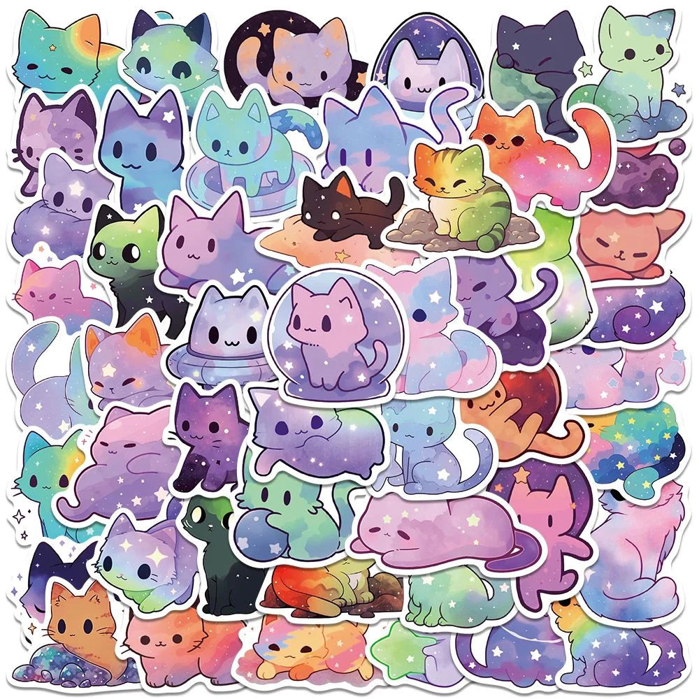 50 Pcs Cartoon Rainbow Starry Sky Cat Stickers, Cute Aesthetic Cat Waterproof Stickers for Water Bottle, Laptop, Phone,