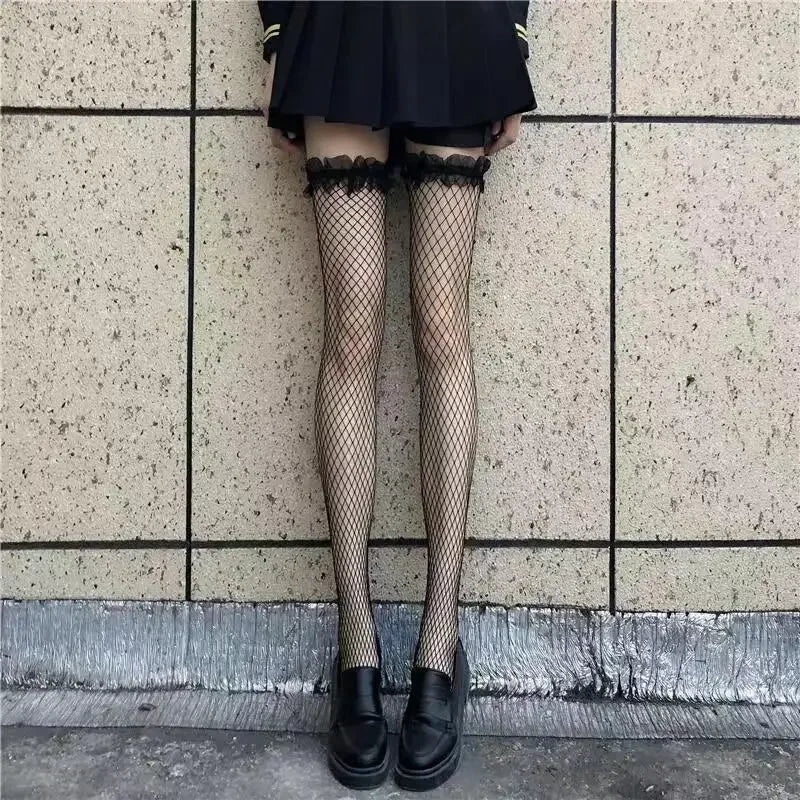 Red Edge New Over The Knee Long Socks Gothic Lace Transparent Thigh High Stockings Women Punk JK Thin Silk Solid Hosiery