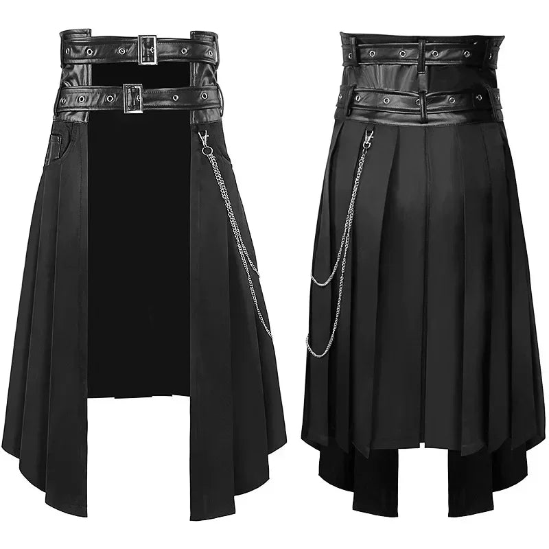 Men Dark Rock Punk Steam Gothic Asymmetrical Pleated Half Skirt