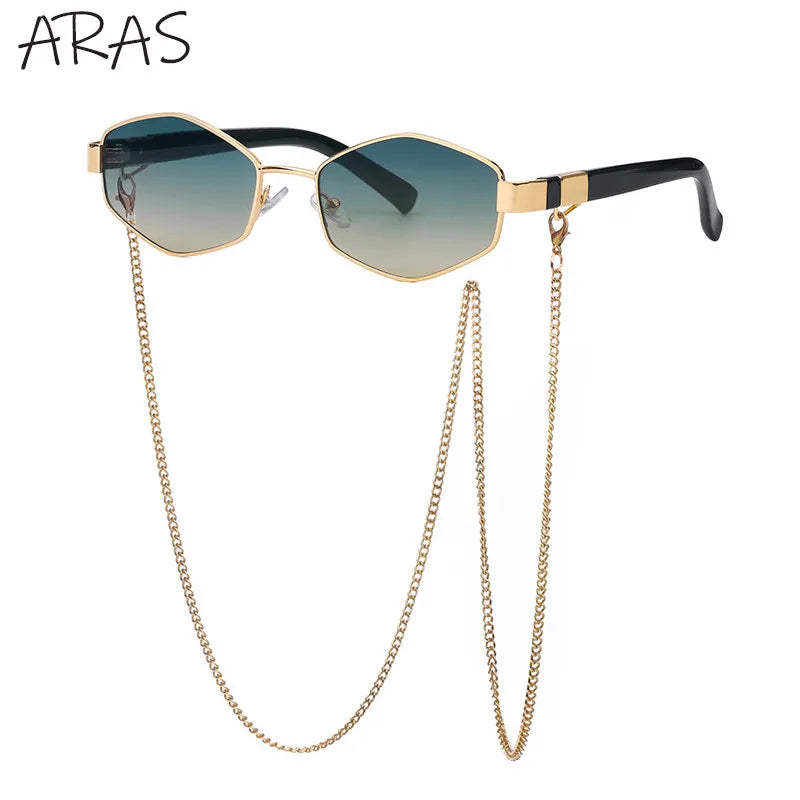 Retro Small Frame Hexagon Sunglasses Women With Chain 2025 Luxury Brand Steampunk Unique Polygon Sun Glasses For Ladies Eyewear