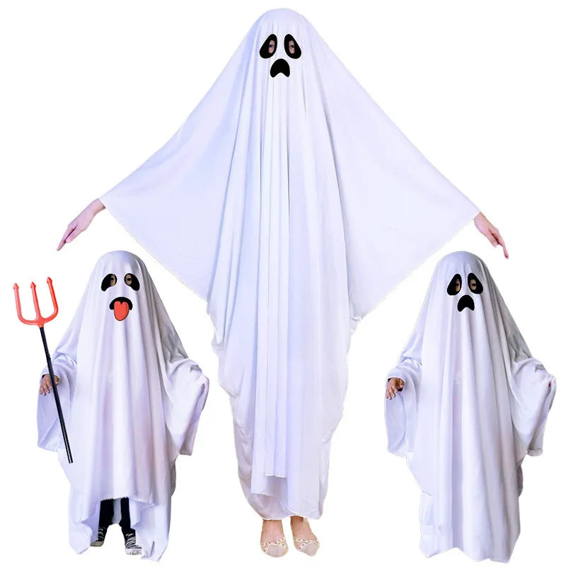 Ghost Costumes White Long Cape Horror Outfits Cloak with Ghost Face Children Adult Fancy Robe Halloween