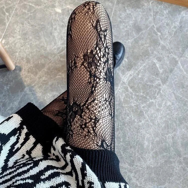 Kawaii Gothic Hollow Out  Lolita Bow Knot Fishnet Stockings Women Spicy Girl Black White Thin Ins Tide Lace Tights