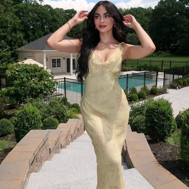 Cryptographic Summer Floral Print Plunge Maxi Dress Outfits Backless Fairy Sun Dresses Vestido Coquette