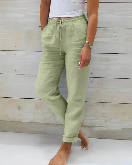 Cotton Linen Pants for Women High Waist Elastic Casual Trousers Streetwear Solid Female Clothes Loose Pencil Pants