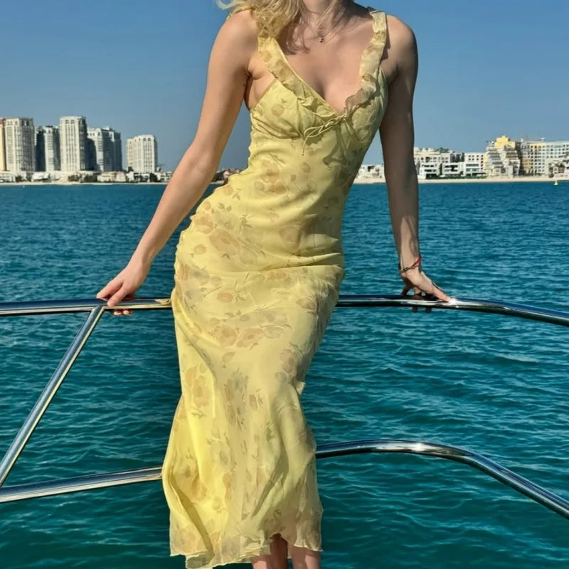 Cryptographic Summer Floral Print Plunge Maxi Dress Outfits Backless Fairy Sun Dresses Vestido Coquette