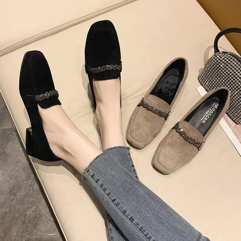 Autumn Winter Women Loafers Low Heels Boat Shoes Square Toe Dress Shoes Chain Faux Suede Ladies Low Heel Shoe