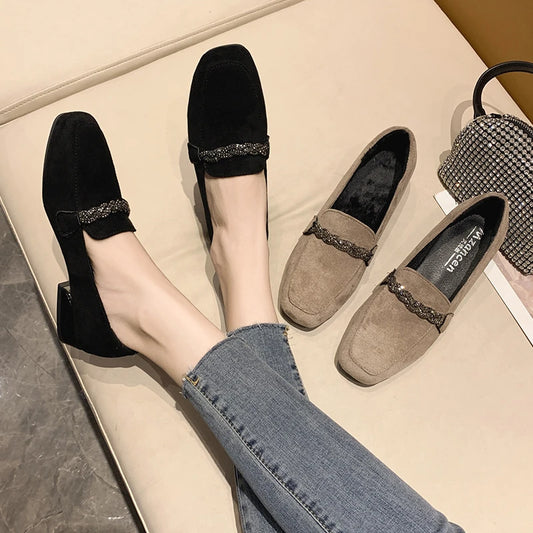Autumn Winter Women Loafers Low Heels Boat Shoes Square Toe Dress Shoes Chain Faux Suede Ladies Low Heel Shoe