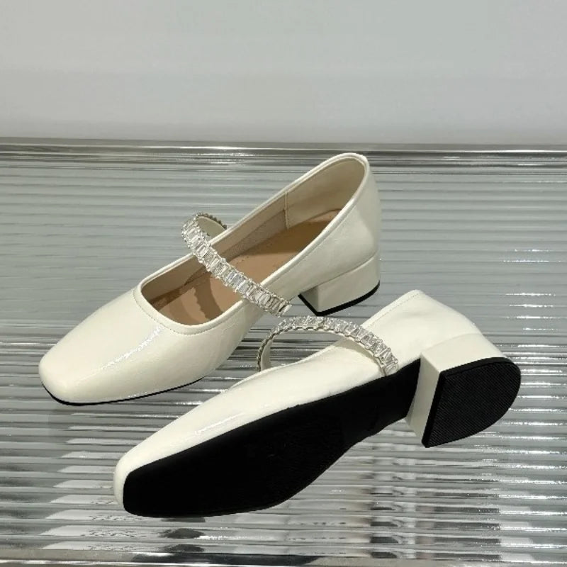 Pu Leather Concise Low Heel Pumps Women Shiny Crystal Soft Sole Non Slip Loafers Summer Light Square Toe Platform Office Shoes
