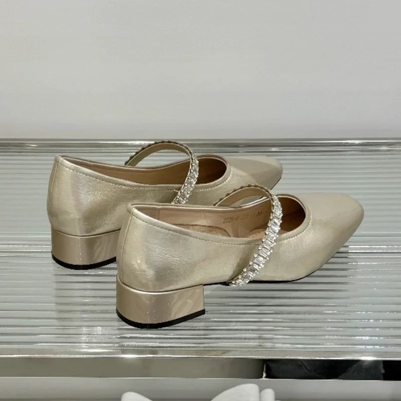 Pu Leather Concise Low Heel Pumps Women Shiny Crystal Soft Sole Non Slip Loafers Summer Light Square Toe Platform Office Shoes