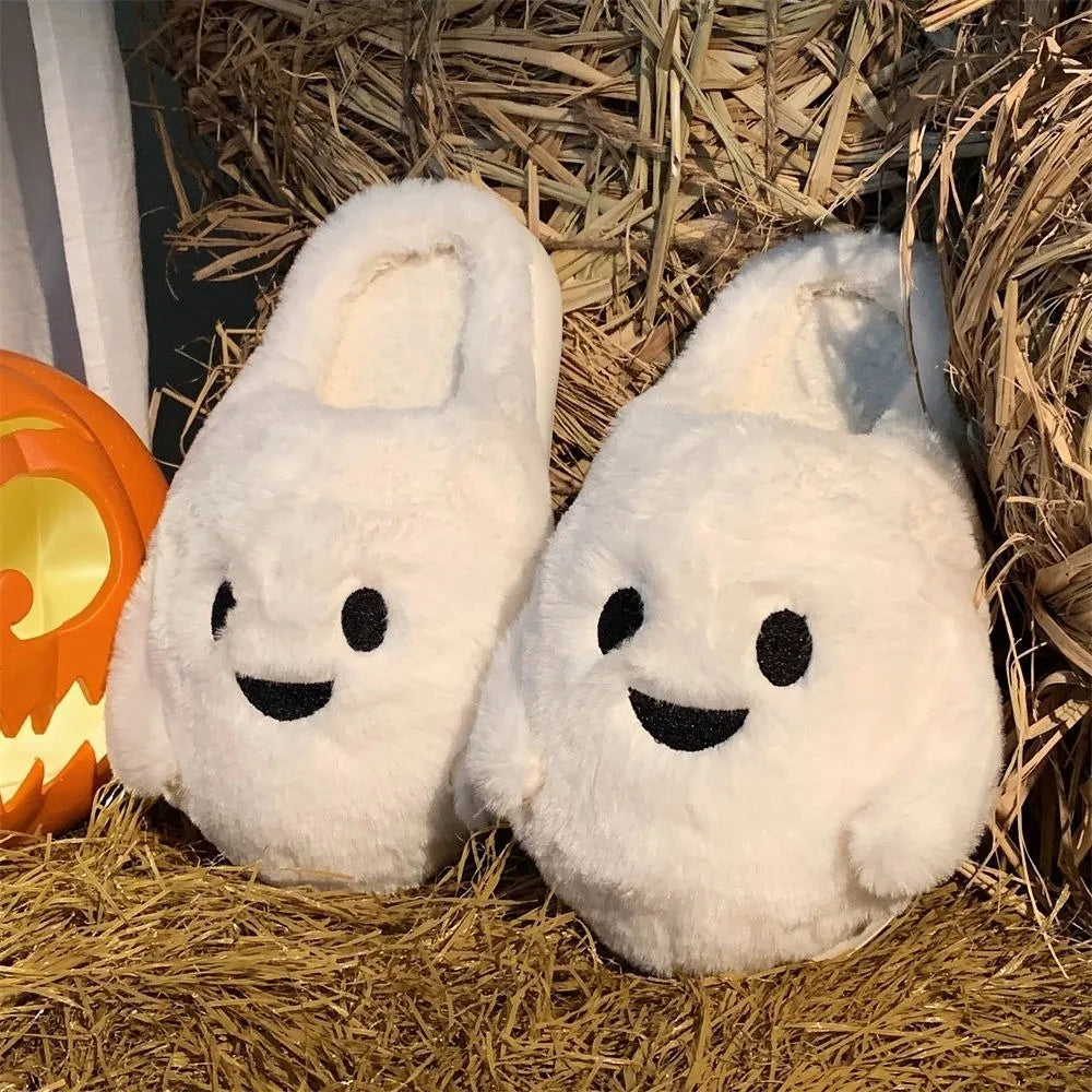 Soft Ghost Slippers Silent Warm Plush Slippers Non-Slip Thick Sole Winter Fluffy Slides Couples Halloween