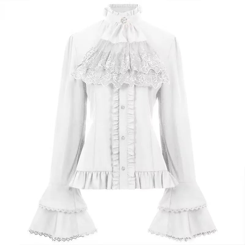 Japanese Elegant Vintage Shirt Long Sleeve Women Steampunk Victorian Blouse Ruffle Lace Stand-Up Y2k Tops Gothic Pirate Shirt