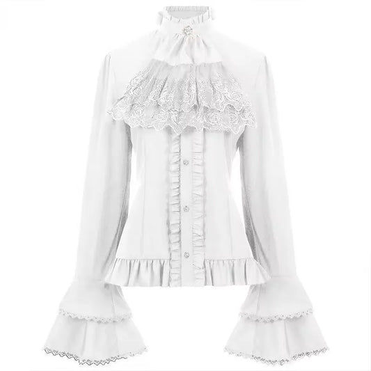 Japanese Elegant Vintage Shirt Long Sleeve Women Steampunk Victorian Blouse Ruffle Lace Stand-Up Y2k Tops Gothic Pirate Shirt