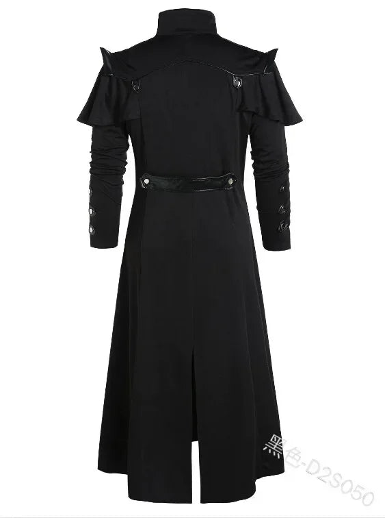 Vintage Medieval Steampunk Assassin Elves Pirate Costume Adult Men Black Long Split Jacket Gothic Armor Leather Coats Halloween