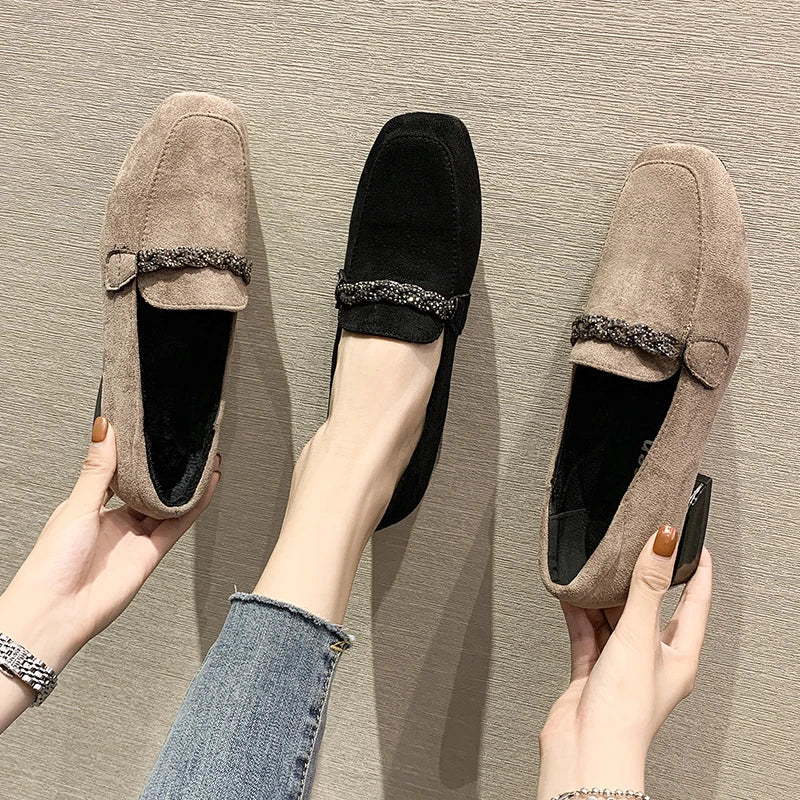 Autumn Winter Women Loafers Low Heels Boat Shoes Square Toe Dress Shoes Chain Faux Suede Ladies Low Heel Shoe