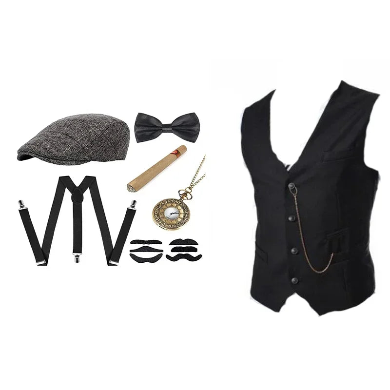 Gangster Costume And Accessories Set Steampunk WaistCoat Peaky Blinders Vest Pocket Watch 1920s Men Gatsby ☆★ww