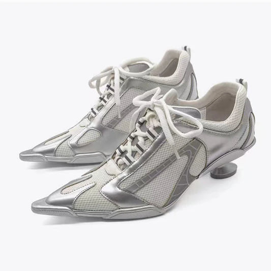 Elegant heel women's shoes Big size 43 Silver sheepskin Mesh Sports dance Training mid heel Fashion Pointed Toe Lace-up Pumps