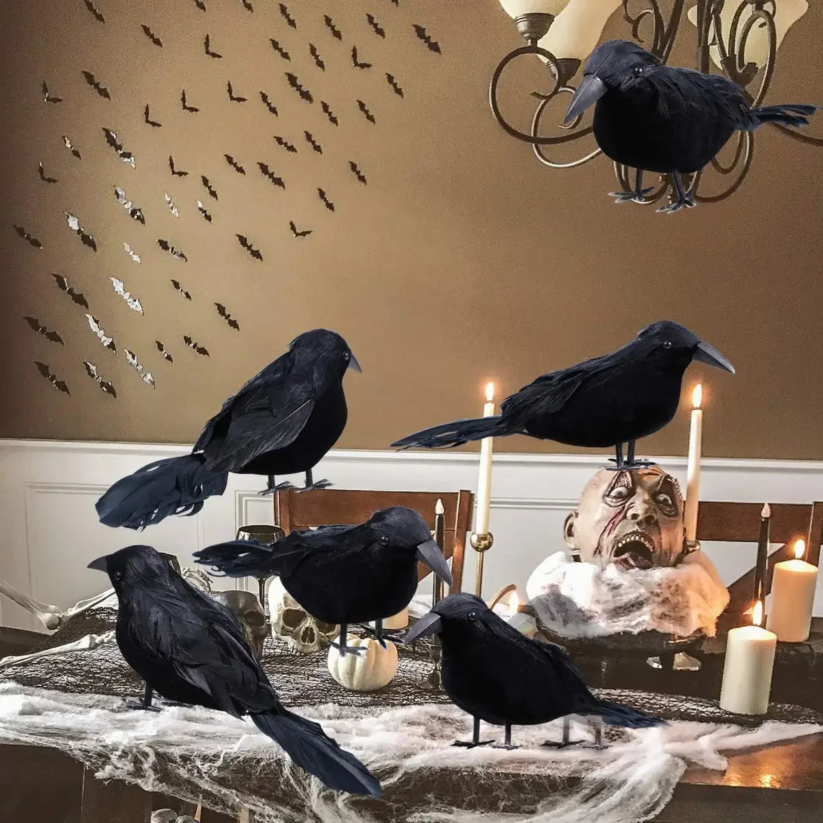 1-6PCS Black Feather Crow Spooky Mock Bird Prop for Haunted House Party Horror Scene Animal Decor Use Halloween