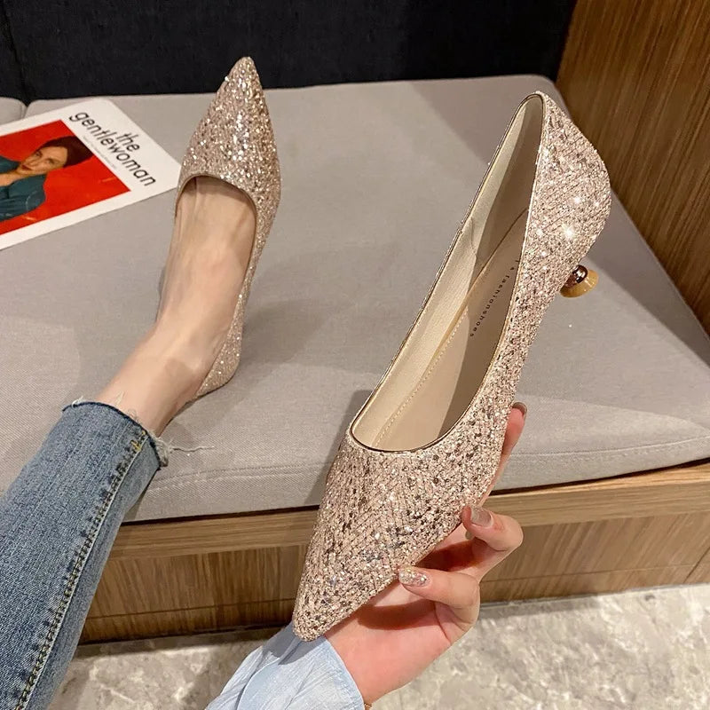 Gold High Heels Women Fashion Design Temperament Pointed Single Shoes Women's New Elegant Mid Heel Shoes Shiny Women's Shoes