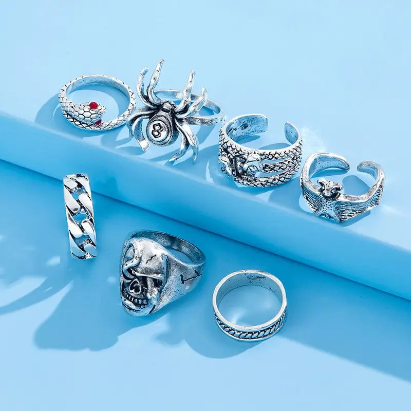 Gothic Skeleton Unisex Ring Set Punk Grunge Butterfly Frog Woman Man Jewelry Hip Hop Party Street Ring Accessories New Gift
