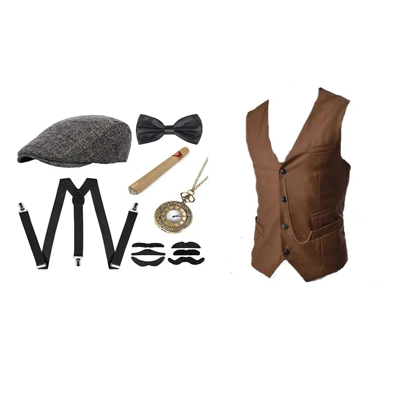 Gangster Costume And Accessories Set Steampunk WaistCoat Peaky Blinders Vest Pocket Watch 1920s Men Gatsby ☆★ww